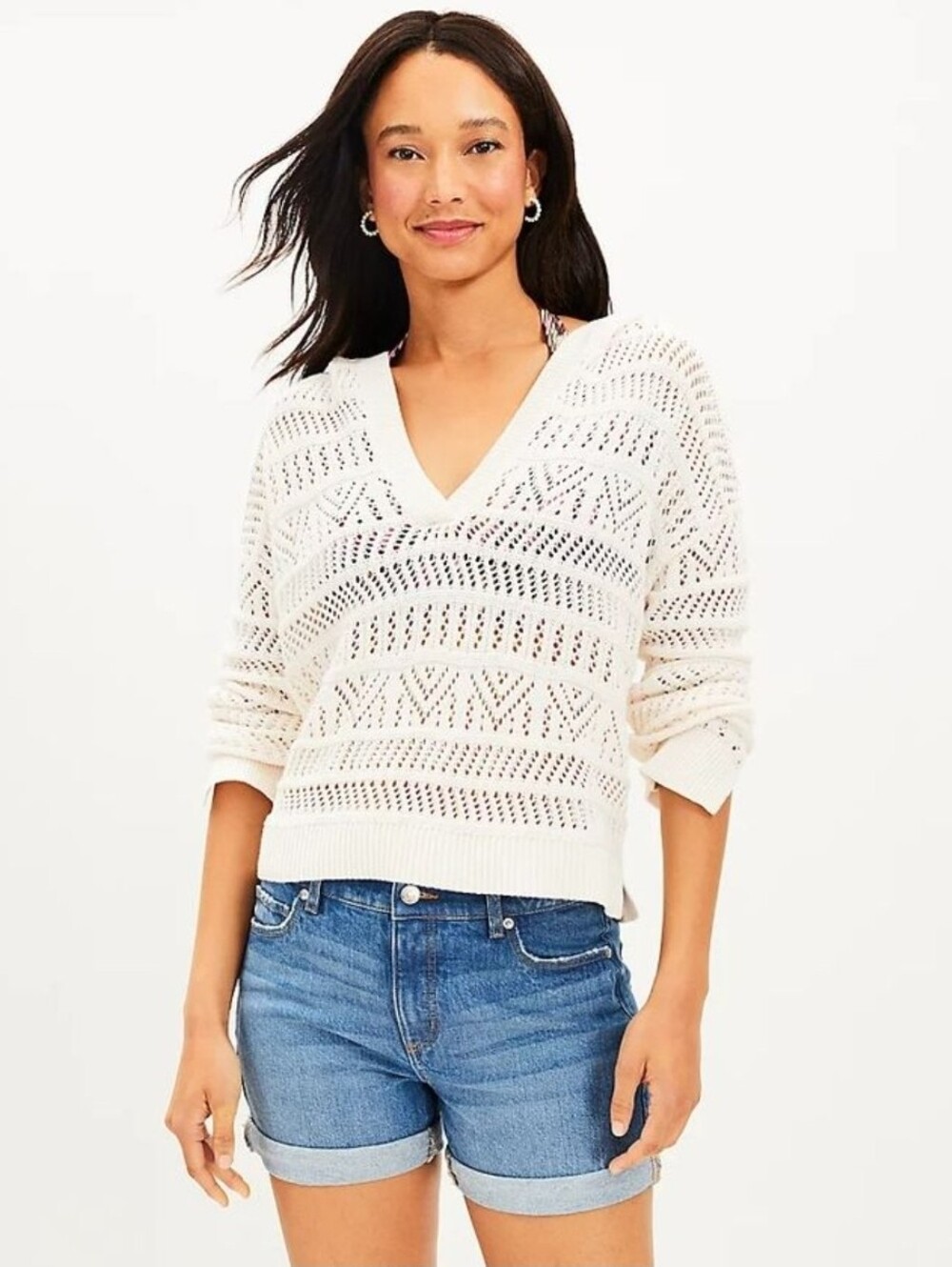 LOFT Beach Open Knit V-Neck Sweater Ivory White Coastal Sz Large